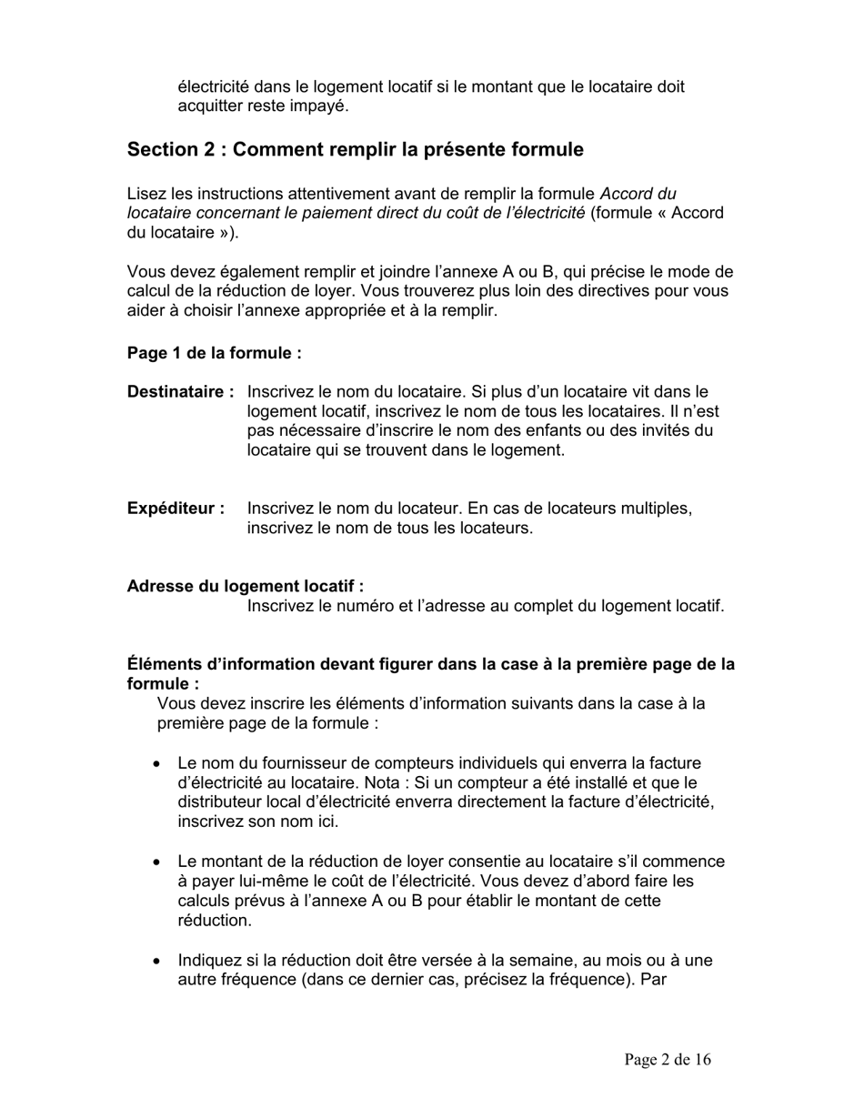 Instruction pour Accord Du Locataire Concernant Le Paiement Direct Du Cout De Lelectricite - Ontario, Canada (French), Page 3