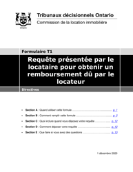 Document preview: Instruction pour Forme T1 Requete Presentee Par Le Locataire Pour Obtenir Un Remboursement Du Par Le Locateur - Ontario, Canada (French)