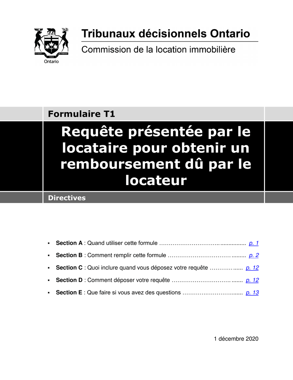 Instruction pour Forme T1 Requete Presentee Par Le Locataire Pour Obtenir Un Remboursement Du Par Le Locateur - Ontario, Canada (French), Page 1