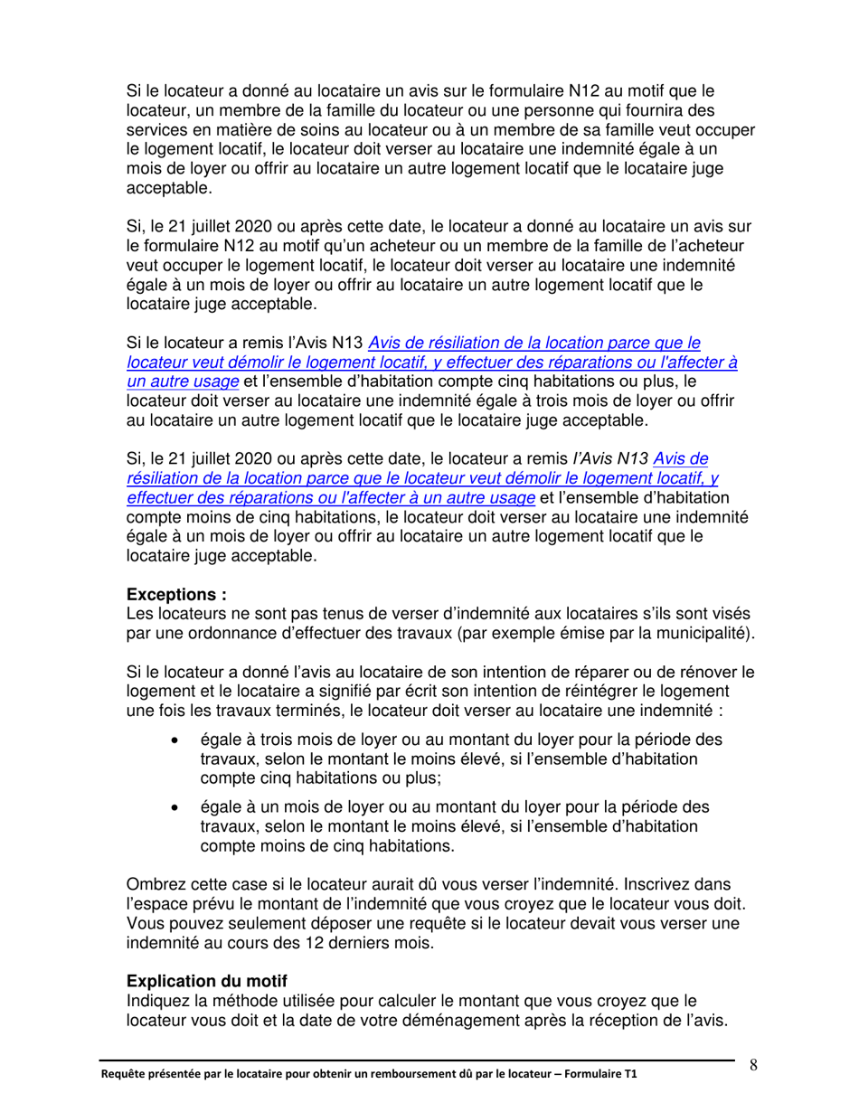 Instruction pour Forme T1 Requete Presentee Par Le Locataire Pour Obtenir Un Remboursement Du Par Le Locateur - Ontario, Canada (French), Page 9