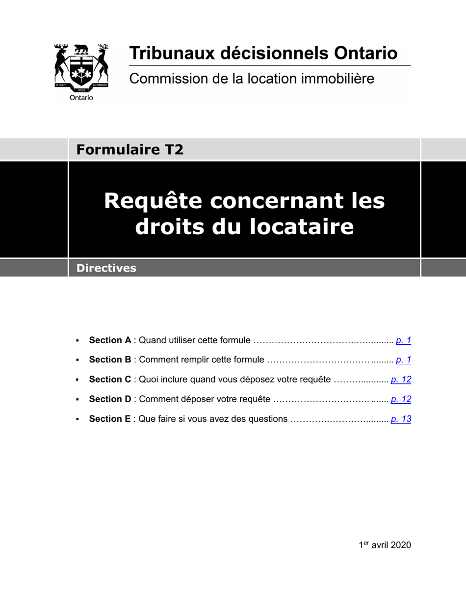 Instruction pour Forme T2 Requete Concernant Les Droits Du Locataire - Ontario, Canada (French), Page 1