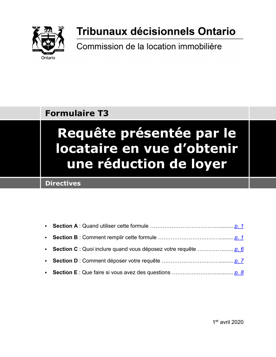 Instruction pour Forme T3 Requete Presentee Par Le Locataire En Vue Dobtenir Une Reduction De Loyer - Ontario, Canada (French), Page 1