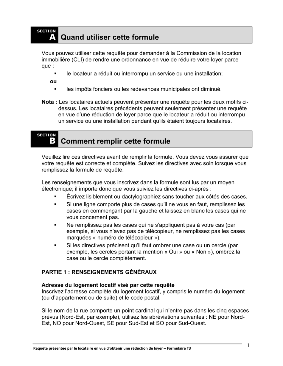 Instruction pour Forme T3 Requete Presentee Par Le Locataire En Vue Dobtenir Une Reduction De Loyer - Ontario, Canada (French), Page 2