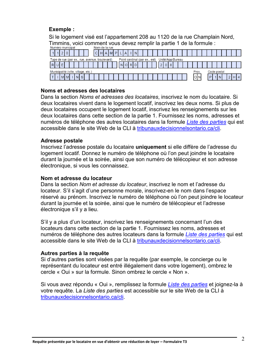Instruction pour Forme T3 Requete Presentee Par Le Locataire En Vue Dobtenir Une Reduction De Loyer - Ontario, Canada (French), Page 3
