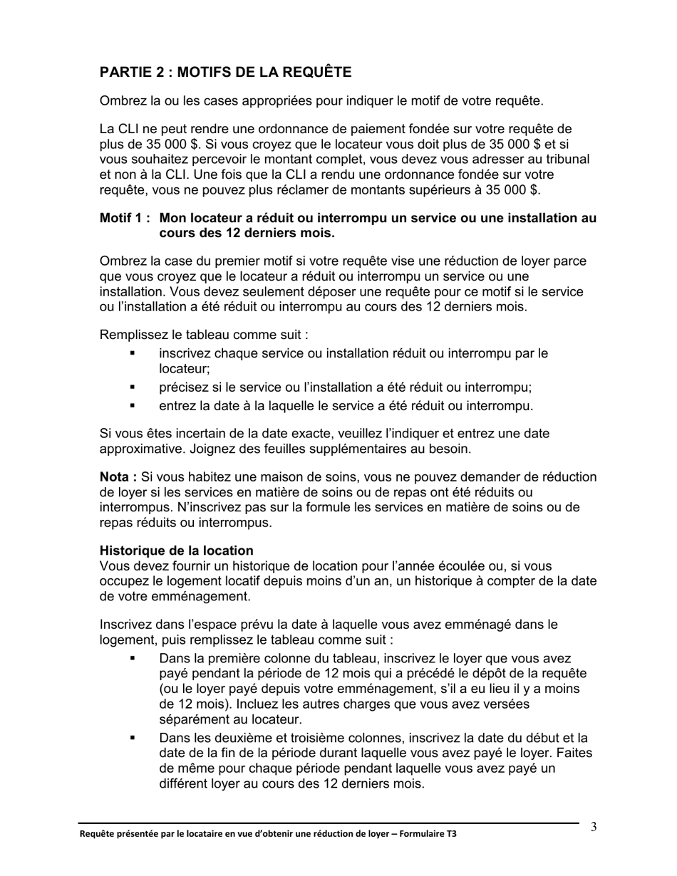 Instruction pour Forme T3 Requete Presentee Par Le Locataire En Vue Dobtenir Une Reduction De Loyer - Ontario, Canada (French), Page 4