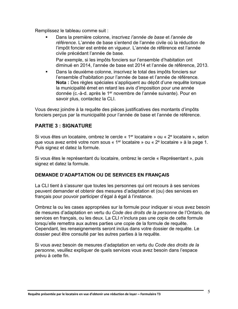 Instruction pour Forme T3 Requete Presentee Par Le Locataire En Vue Dobtenir Une Reduction De Loyer - Ontario, Canada (French), Page 6