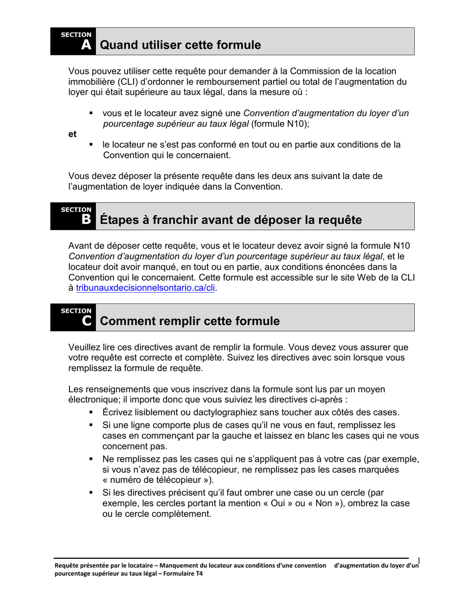 Instruction pour Forme T4 Requete Presentee Par Le Locataire - Manquement Du Locateur Aux Conditions Dune Convention Daugmentation Du Loyer Dun Pourcentage Superieur Au Taux Legal - Ontario, Canada (French), Page 2
