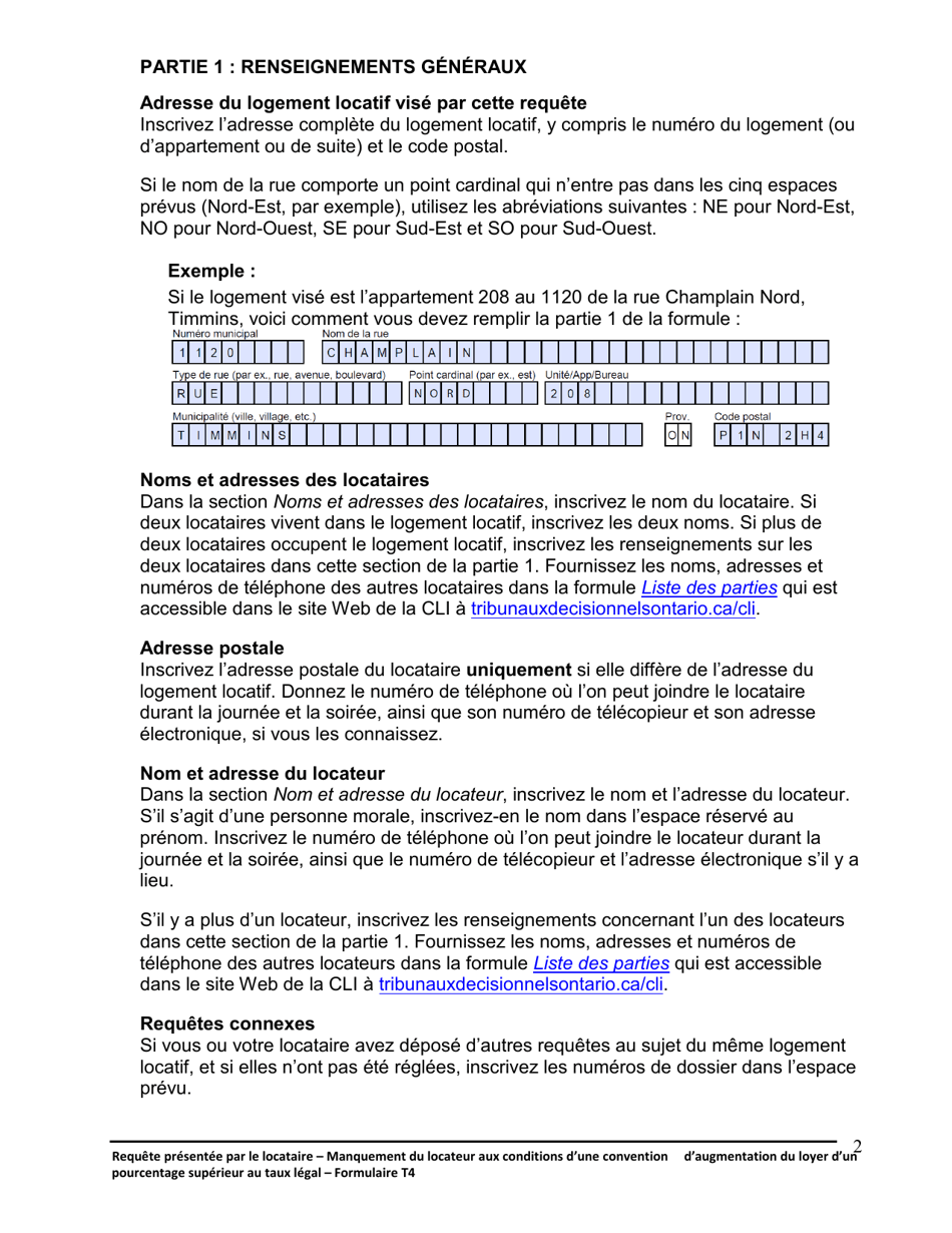 Instruction pour Forme T4 Requete Presentee Par Le Locataire - Manquement Du Locateur Aux Conditions Dune Convention Daugmentation Du Loyer Dun Pourcentage Superieur Au Taux Legal - Ontario, Canada (French), Page 3