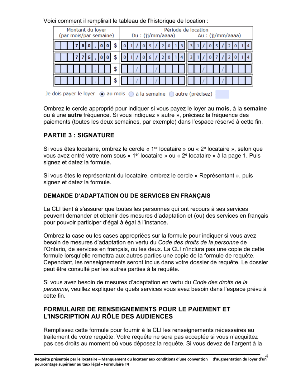 Instruction pour Forme T4 Requete Presentee Par Le Locataire - Manquement Du Locateur Aux Conditions Dune Convention Daugmentation Du Loyer Dun Pourcentage Superieur Au Taux Legal - Ontario, Canada (French), Page 5