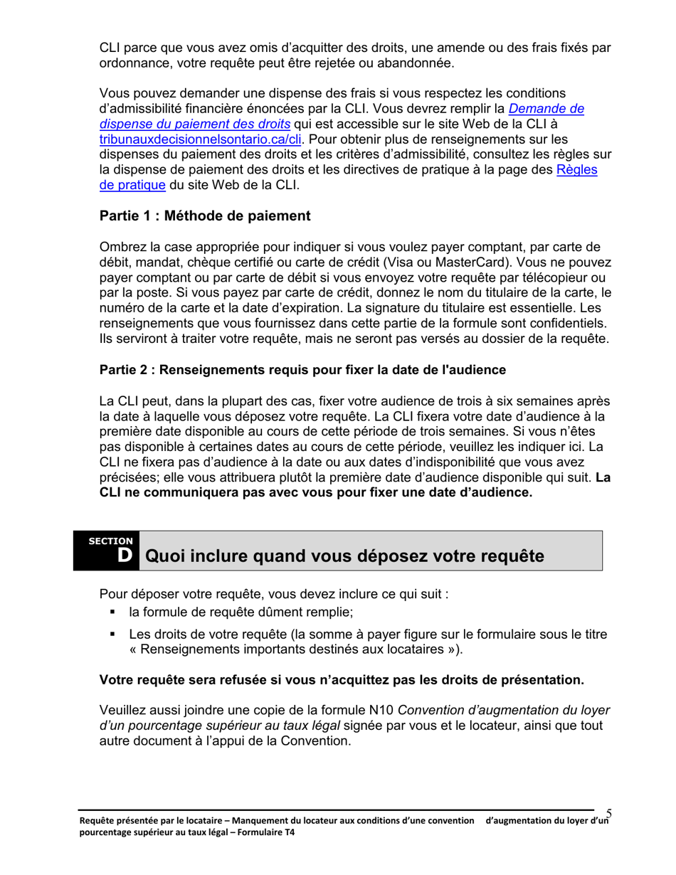 Instruction pour Forme T4 Requete Presentee Par Le Locataire - Manquement Du Locateur Aux Conditions Dune Convention Daugmentation Du Loyer Dun Pourcentage Superieur Au Taux Legal - Ontario, Canada (French), Page 6