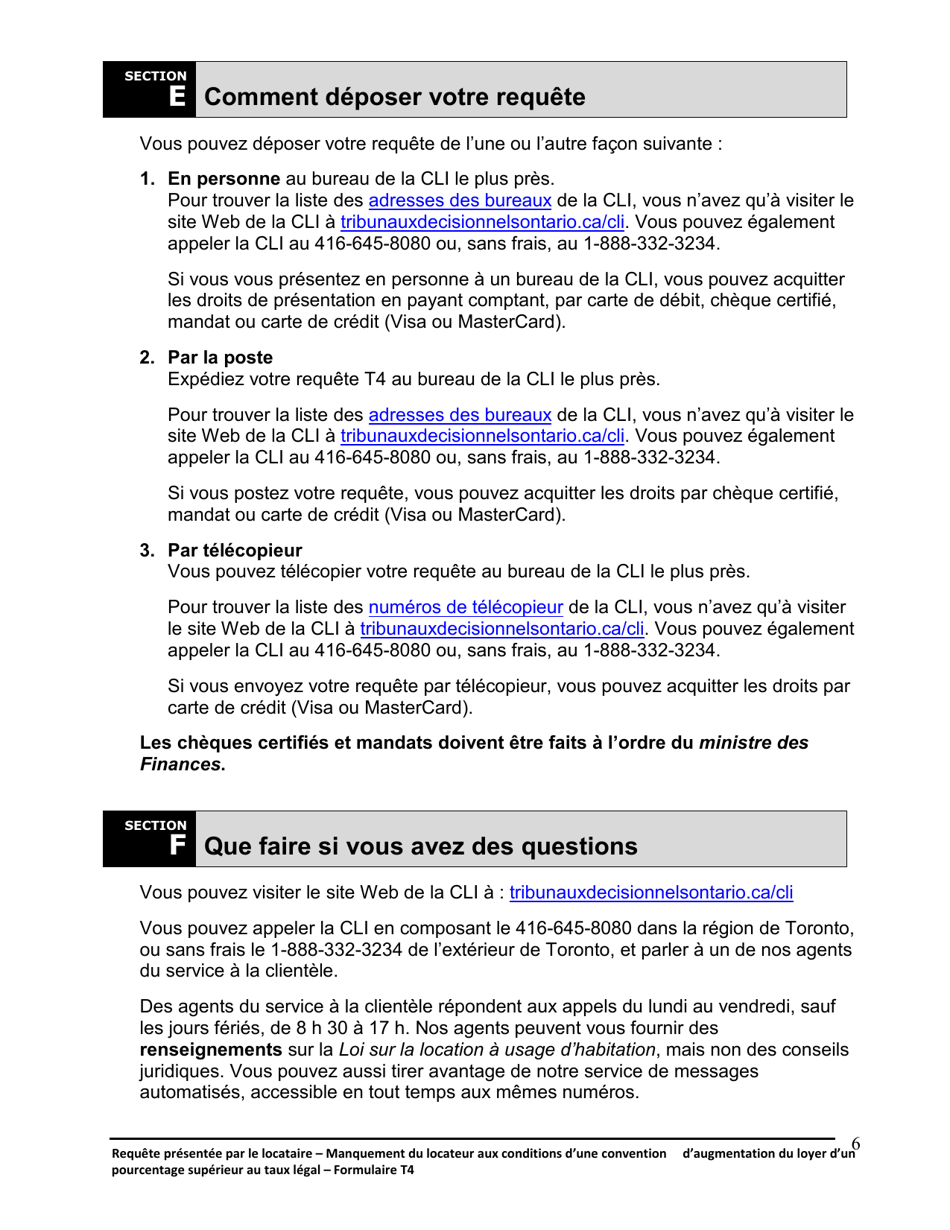 Instruction pour Forme T4 Requete Presentee Par Le Locataire - Manquement Du Locateur Aux Conditions Dune Convention Daugmentation Du Loyer Dun Pourcentage Superieur Au Taux Legal - Ontario, Canada (French), Page 7