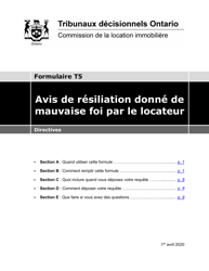 Instruction pour Forme T5 Avis De Resiliation Donne De Mauvaise Foi Par Le Locateur - Ontario, Canada (French)