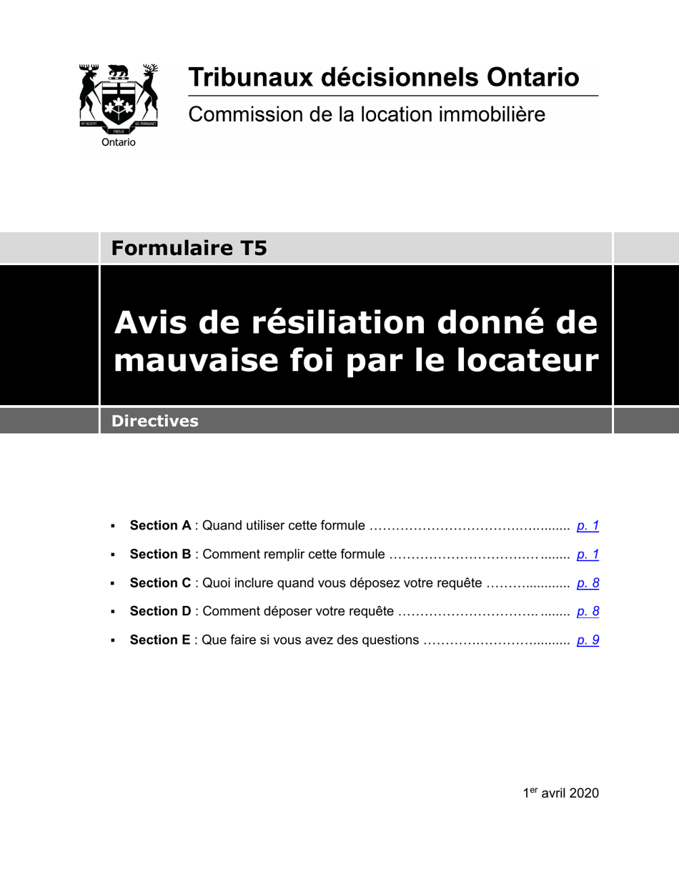 Instruction pour Forme T5 Avis De Resiliation Donne De Mauvaise Foi Par Le Locateur - Ontario, Canada (French), Page 1