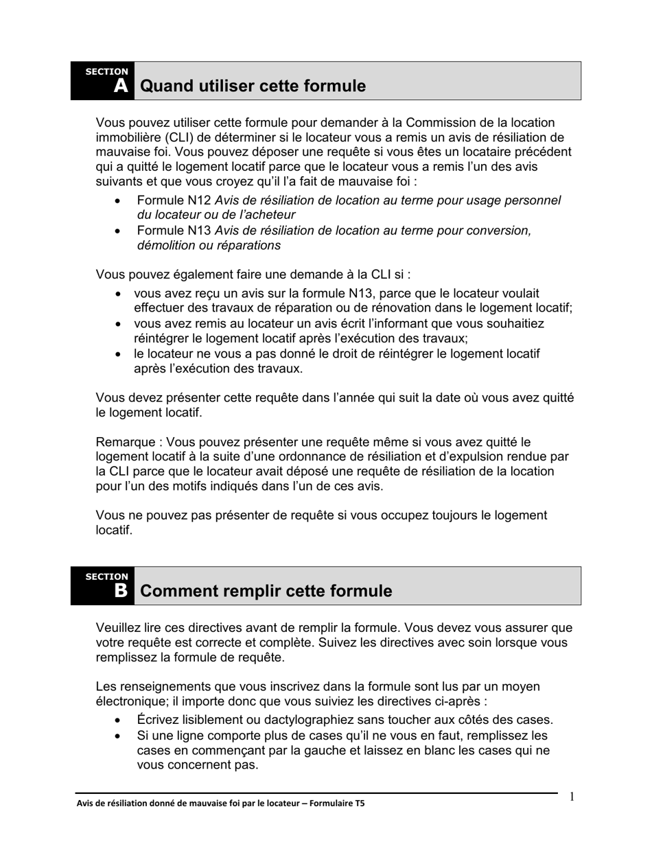 Instruction pour Forme T5 Avis De Resiliation Donne De Mauvaise Foi Par Le Locateur - Ontario, Canada (French), Page 2