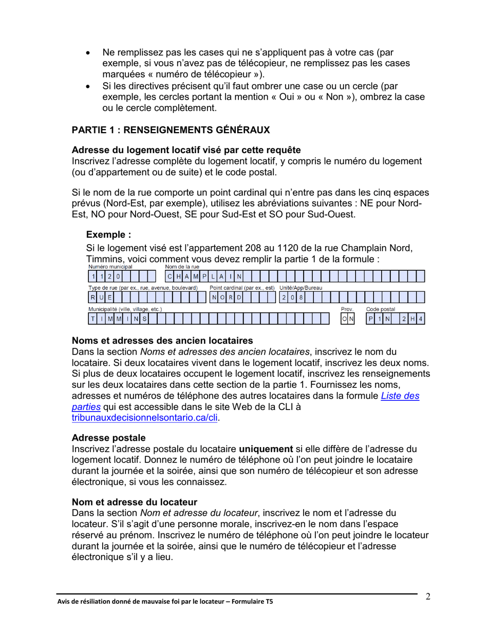 Instruction pour Forme T5 Avis De Resiliation Donne De Mauvaise Foi Par Le Locateur - Ontario, Canada (French), Page 3