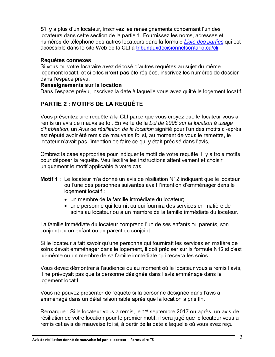Instruction pour Forme T5 Avis De Resiliation Donne De Mauvaise Foi Par Le Locateur - Ontario, Canada (French), Page 4
