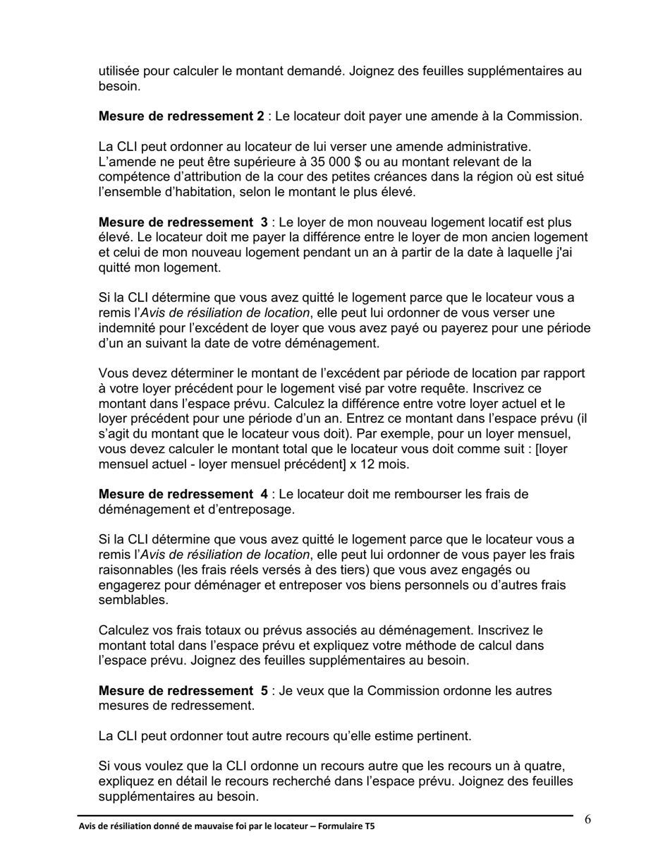 Instruction pour Forme T5 Avis De Resiliation Donne De Mauvaise Foi Par Le Locateur - Ontario, Canada (French), Page 7