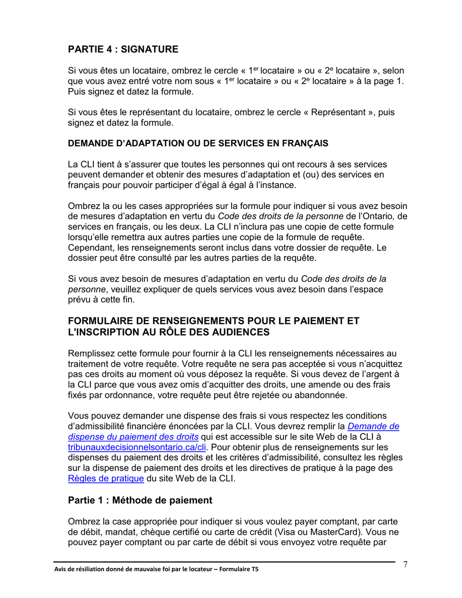 Instruction pour Forme T5 Avis De Resiliation Donne De Mauvaise Foi Par Le Locateur - Ontario, Canada (French), Page 8