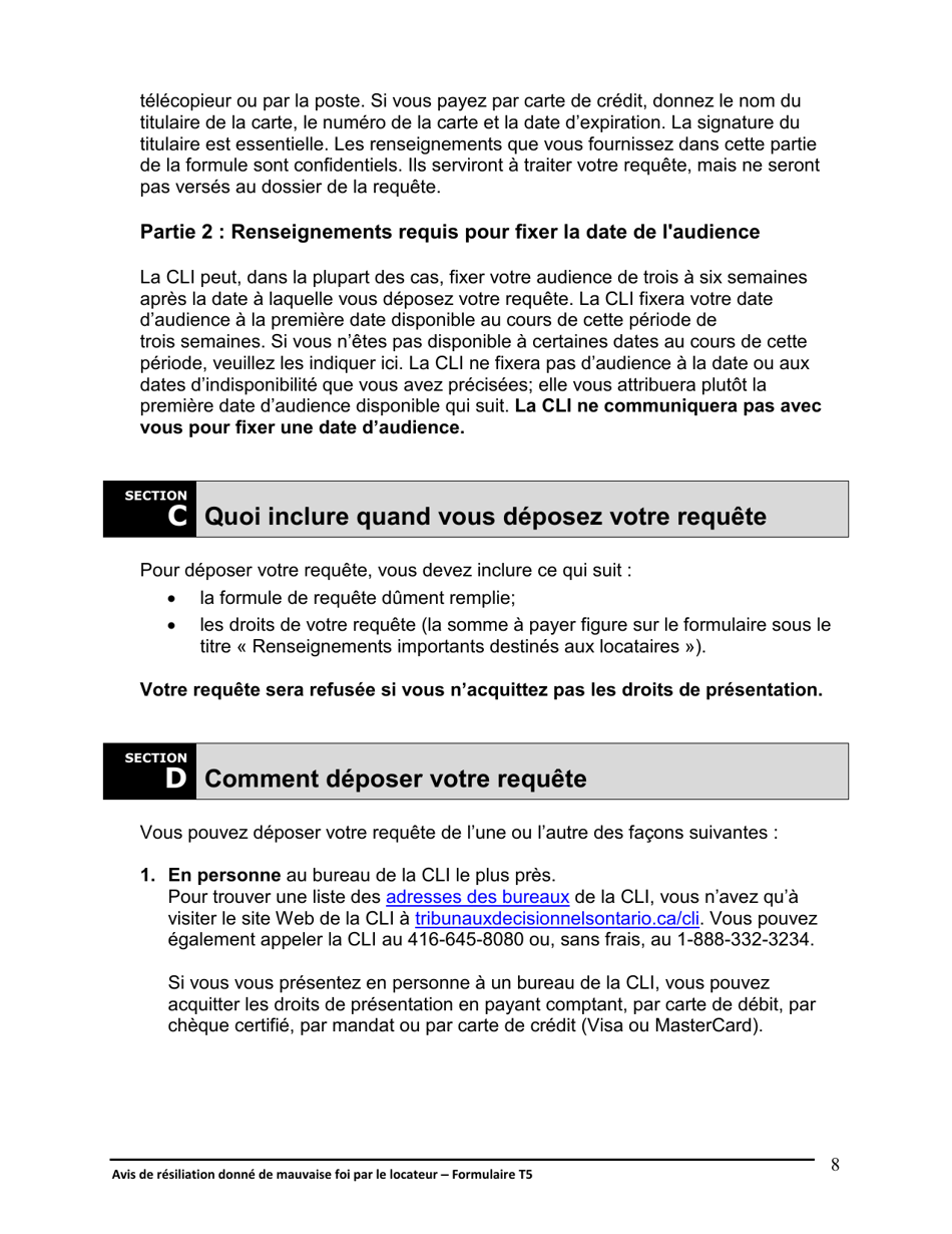 Instruction pour Forme T5 Avis De Resiliation Donne De Mauvaise Foi Par Le Locateur - Ontario, Canada (French), Page 9