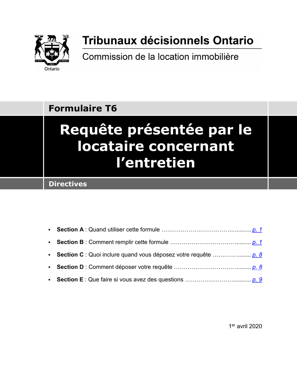 Instruction pour Forme T6 Requete Presentee Par Le Locataire Concernant Lentretien - Ontario, Canada (French), Page 1