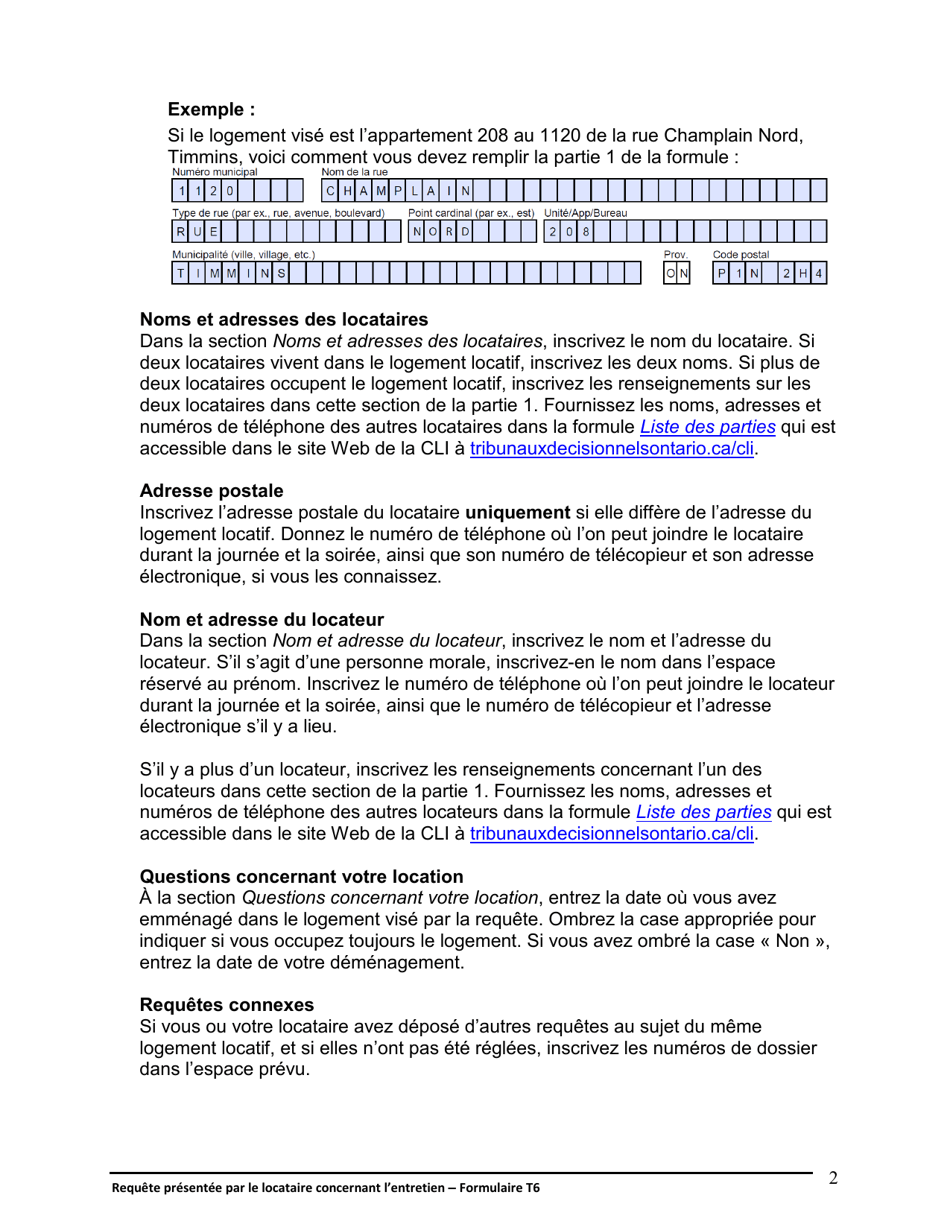 Instruction pour Forme T6 Requete Presentee Par Le Locataire Concernant Lentretien - Ontario, Canada (French), Page 3