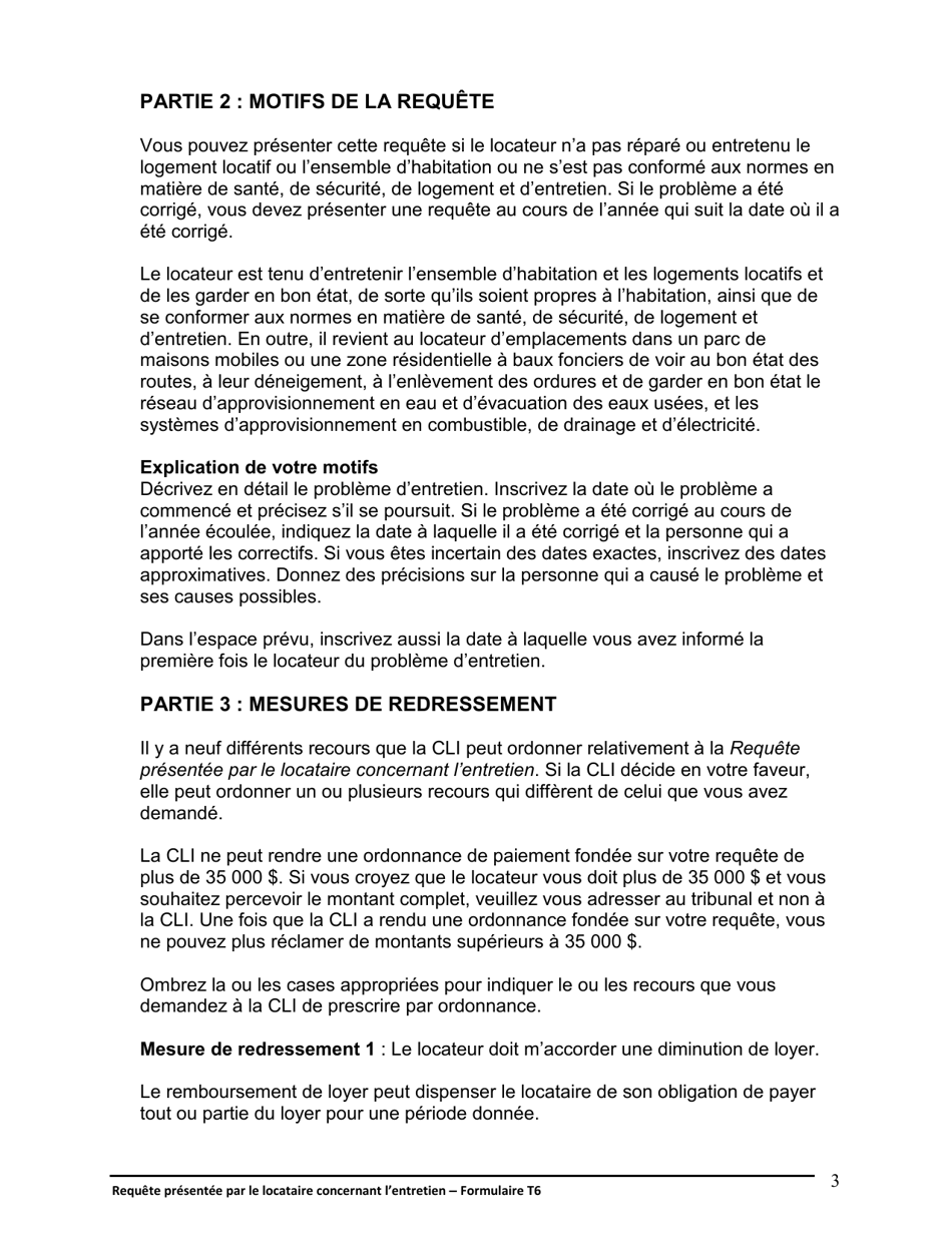 Instruction pour Forme T6 Requete Presentee Par Le Locataire Concernant Lentretien - Ontario, Canada (French), Page 4
