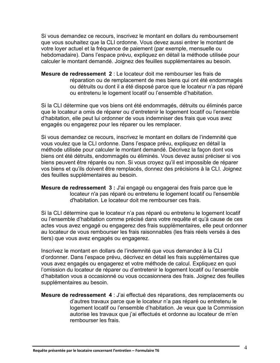 Instruction pour Forme T6 Requete Presentee Par Le Locataire Concernant Lentretien - Ontario, Canada (French), Page 5