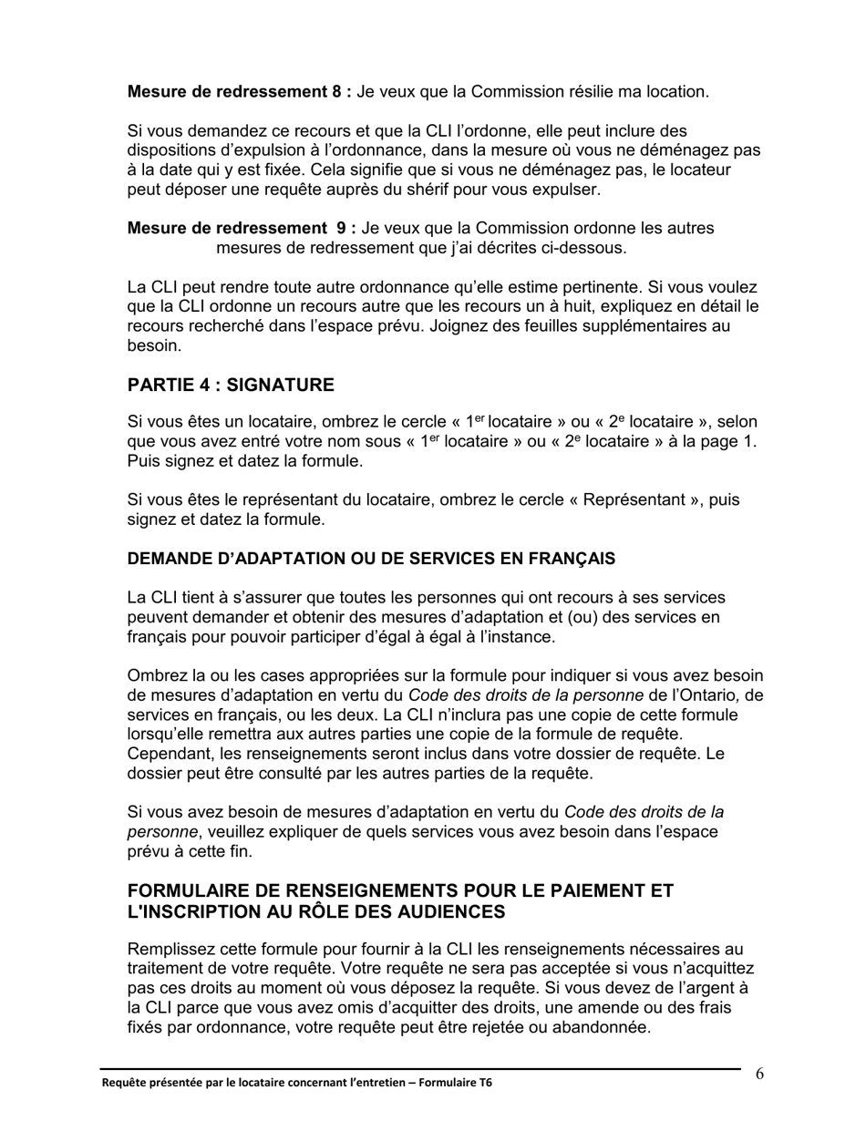 Instruction pour Forme T6 Requete Presentee Par Le Locataire Concernant Lentretien - Ontario, Canada (French), Page 7