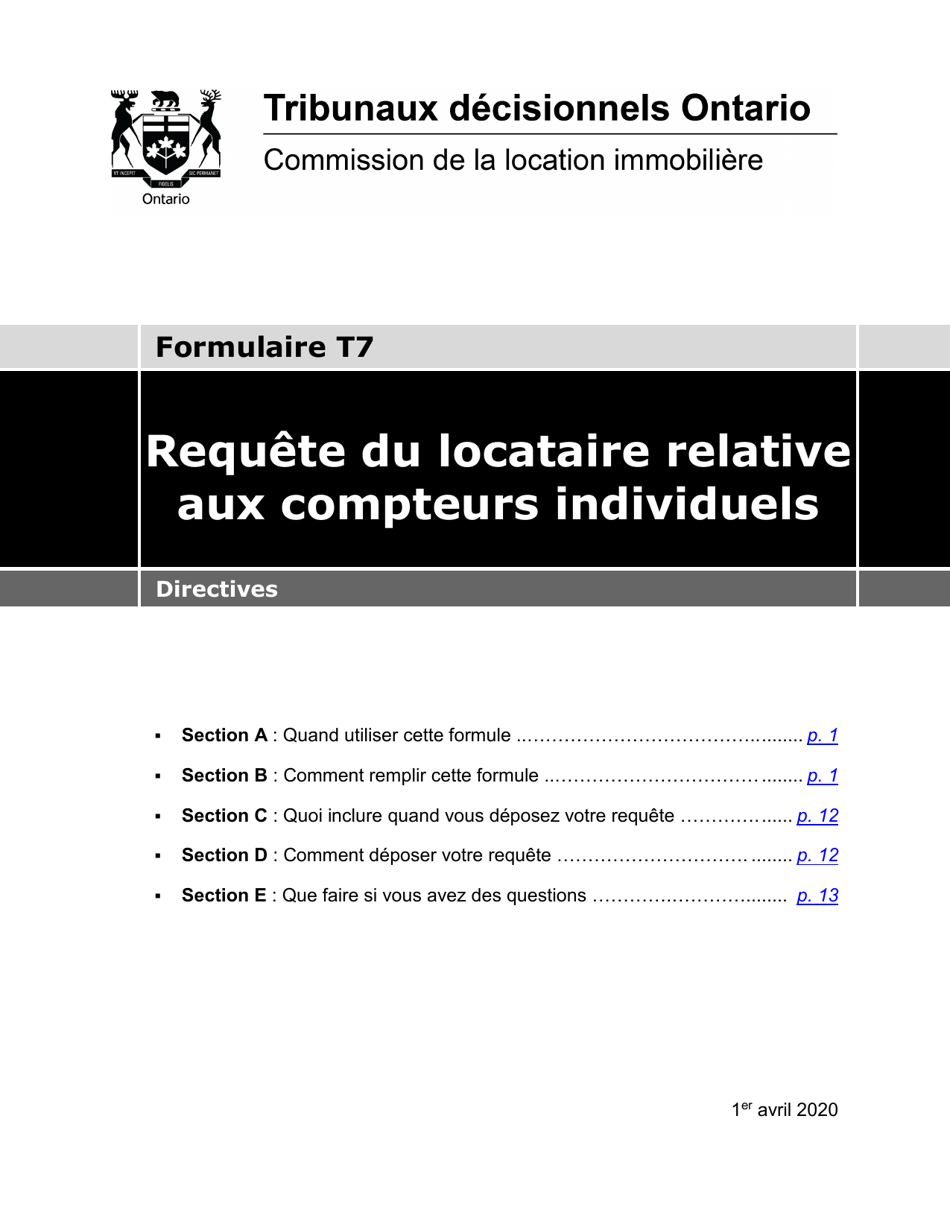 Instruction pour Forme T7 Requete Du Locataire Relative Aux Compteurs Individuels - Ontario, Canada (French), Page 1