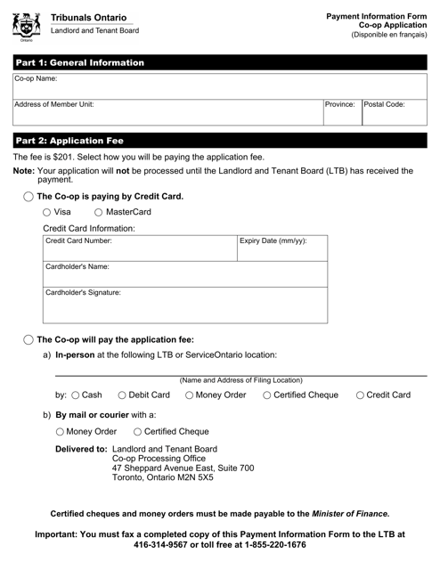 Payment Information Form Co-op Application - Ontario, Canada Download Pdf