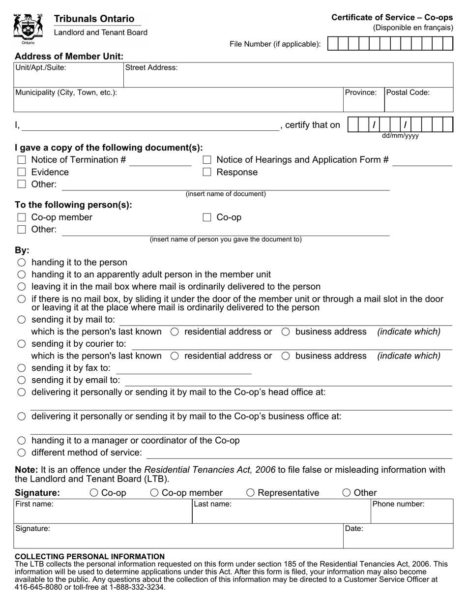 Certificate of Service - Co-ops - Ontario, Canada, Page 1