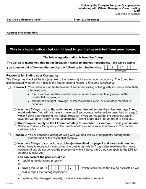 Form N5C Notice by the Co-op to End Your Occupancy for Interfering With Others, Damage or Overcrowding - Ontario, Canada