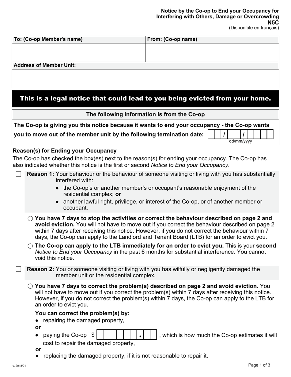 Form N5C Notice by the Co-op to End Your Occupancy for Interfering With Others, Damage or Overcrowding - Ontario, Canada, Page 1