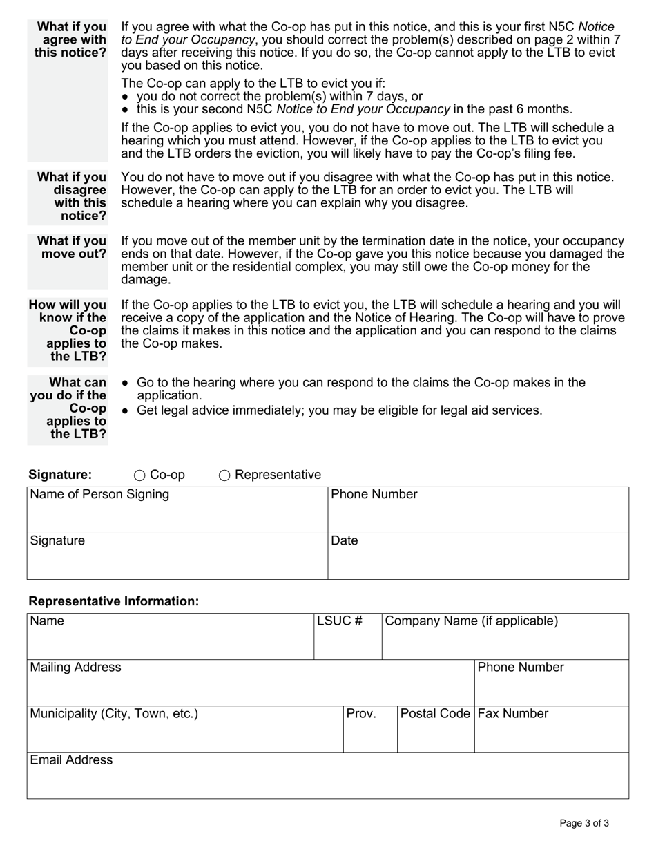 Form N5C Notice by the Co-op to End Your Occupancy for Interfering With Others, Damage or Overcrowding - Ontario, Canada, Page 3