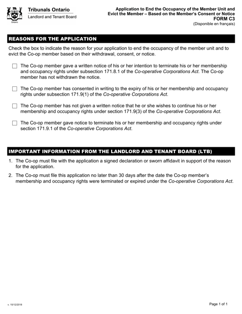 Form C3 Application to End the Occupancy of the Member Unit and Evict the Member - Based on the Member's Consent or Notice - Ontario, Canada