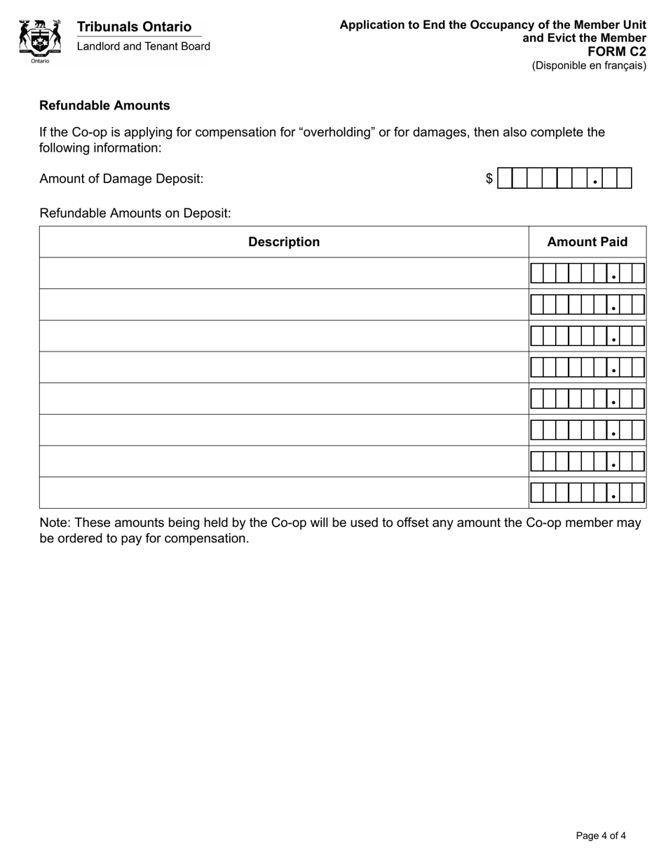 Form C2 Application to End the Occupancy of the Member Unit and Evict the Member - Ontario, Canada, Page 4
