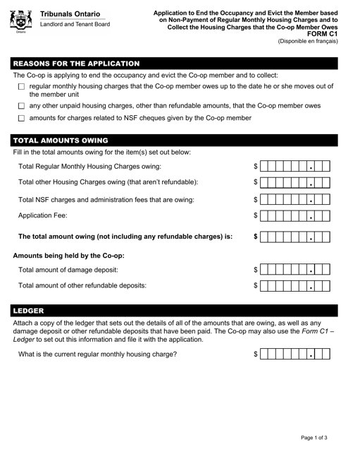 Form C1 Application to End the Occupancy and Evict the Member Based on Non-payment of Regular Monthly Housing Charges and to Collect the Housing Charges That the Co-op Member Owes - Ontario, Canada