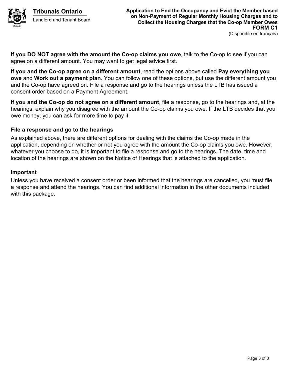 Form C1 Application to End the Occupancy and Evict the Member Based on Non-payment of Regular Monthly Housing Charges and to Collect the Housing Charges That the Co-op Member Owes - Ontario, Canada, Page 3