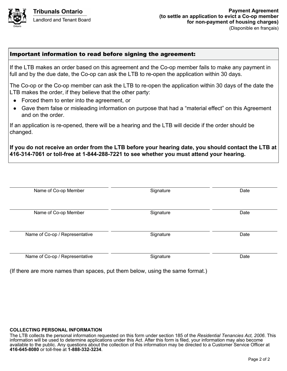 Payment Agreement (To Settle an Application to Evict a Co-op Member for Non-payment of Housing Charges) - Ontario, Canada, Page 3