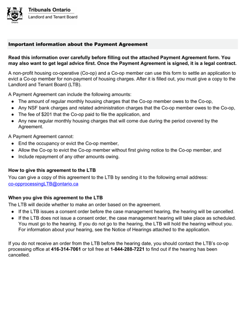 Payment Agreement (To Settle an Application to Evict a Co-op Member for Non-payment of Housing Charges) - Ontario, Canada Download Pdf