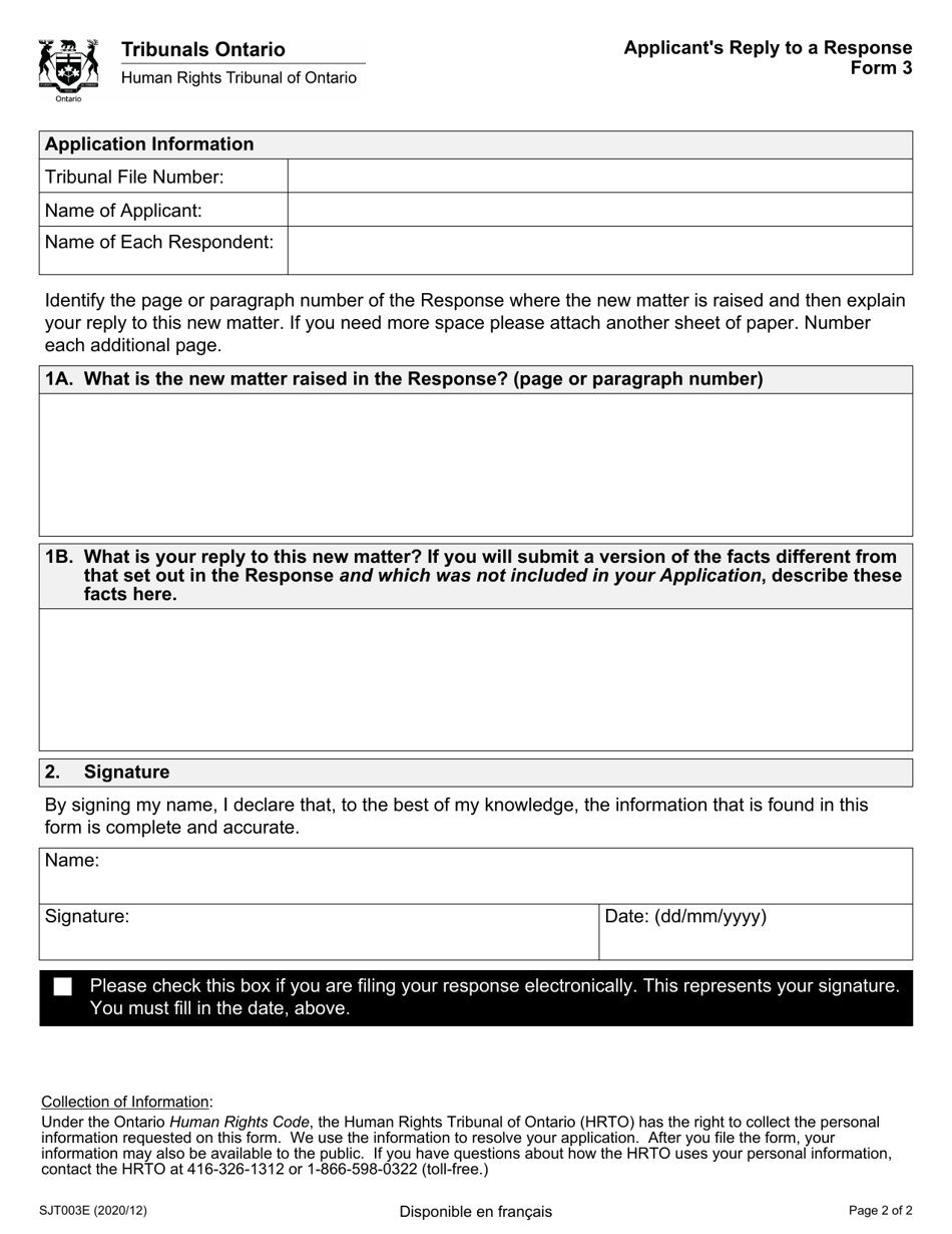 Form 3 Applicants Reply to a Response - Ontario, Canada, Page 2