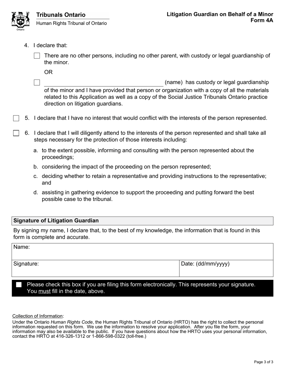 Form 4A Litigation Guardian on Behalf of a Minor - Ontario, Canada, Page 3
