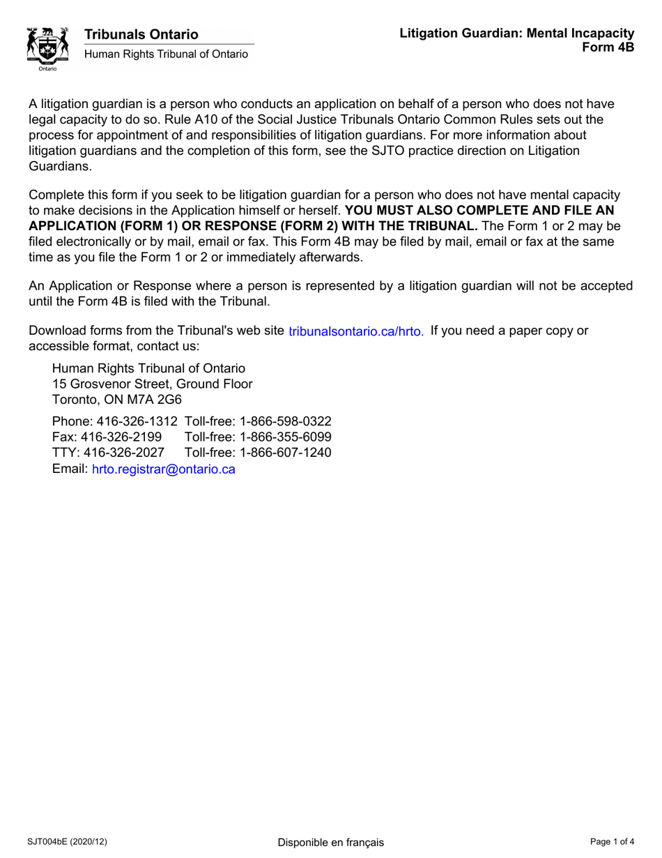 Form 4B Litigation Guardian: Mental Incapacity - Ontario, Canada, Page 1