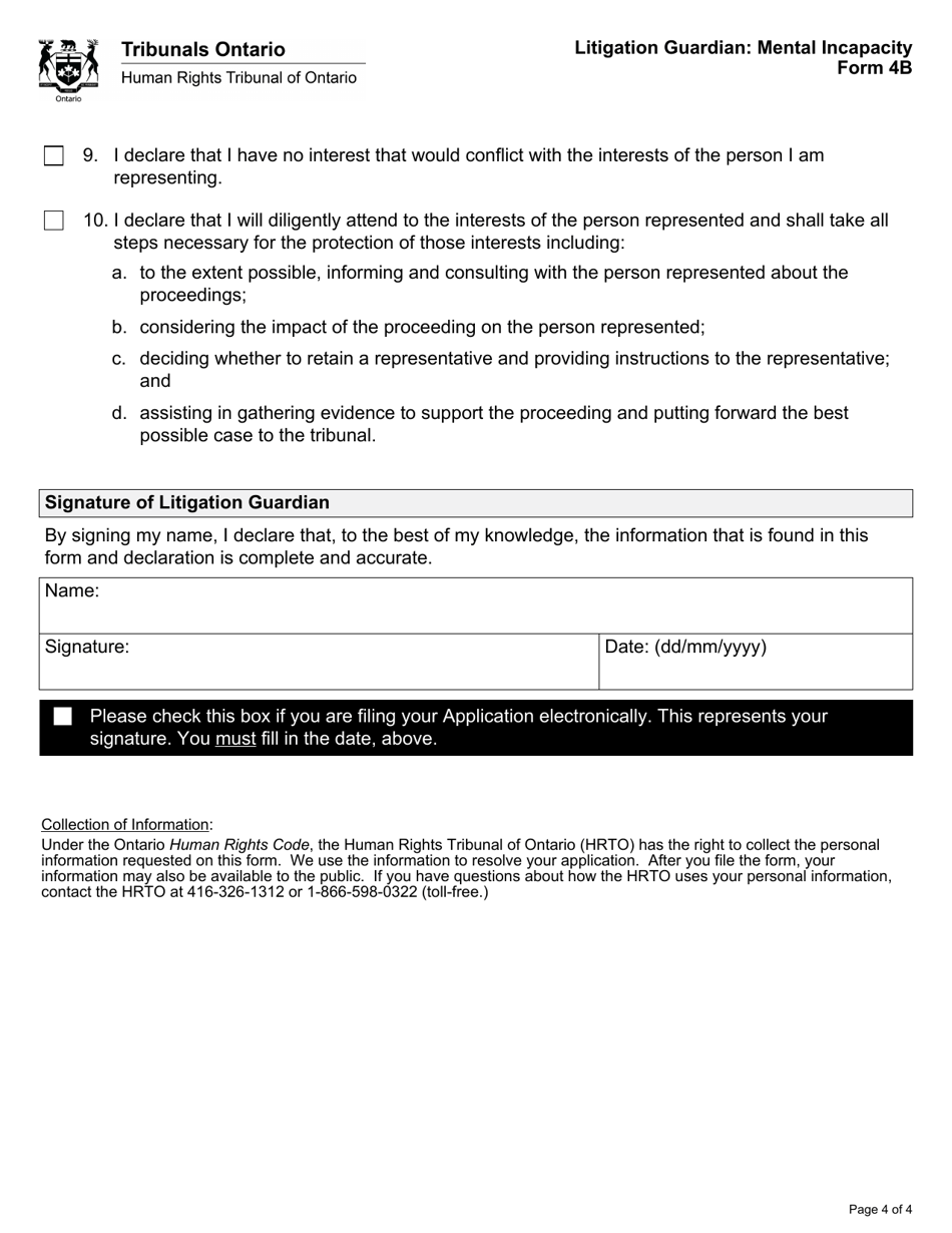 Form 4B Litigation Guardian: Mental Incapacity - Ontario, Canada, Page 4