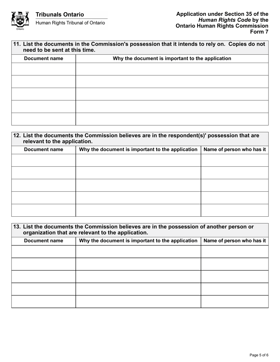 Form 7 (SJT007E) Application by the Ontario Human Rights Commission - Ontario, Canada, Page 5