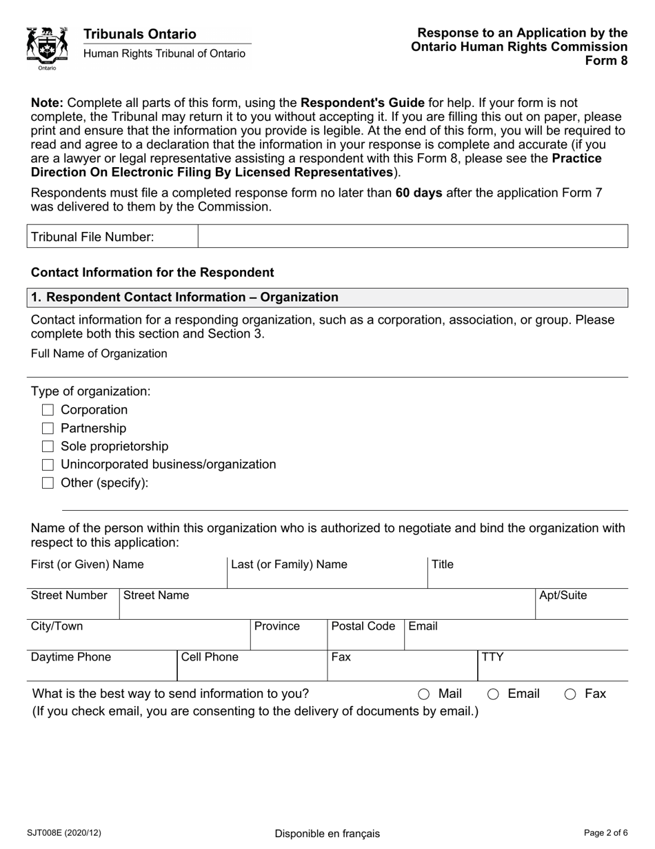 Form 8 (SJT008E) Response to an Application by the Ontario Human Rights Commission - Ontario, Canada, Page 2