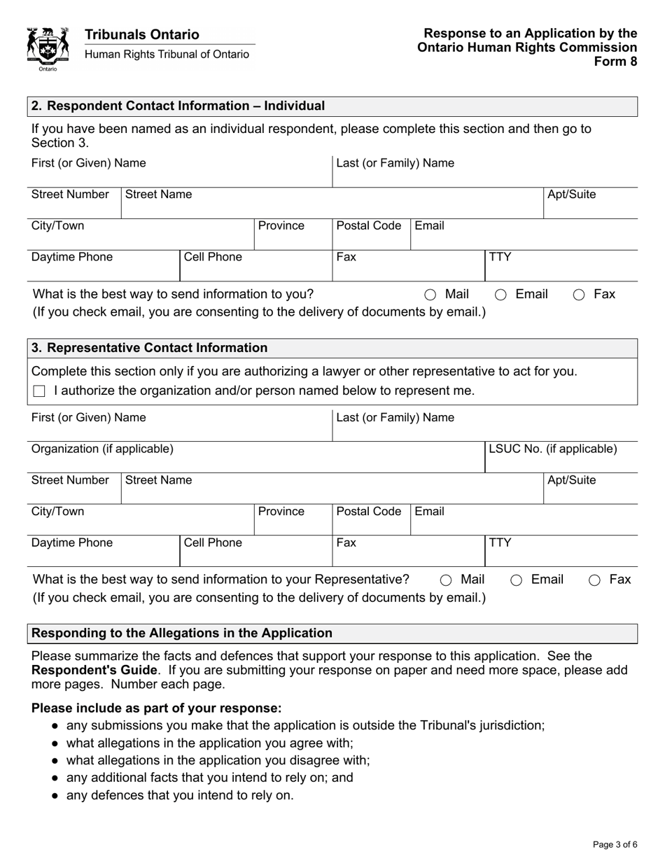 Form 8 (SJT008E) Response to an Application by the Ontario Human Rights Commission - Ontario, Canada, Page 3