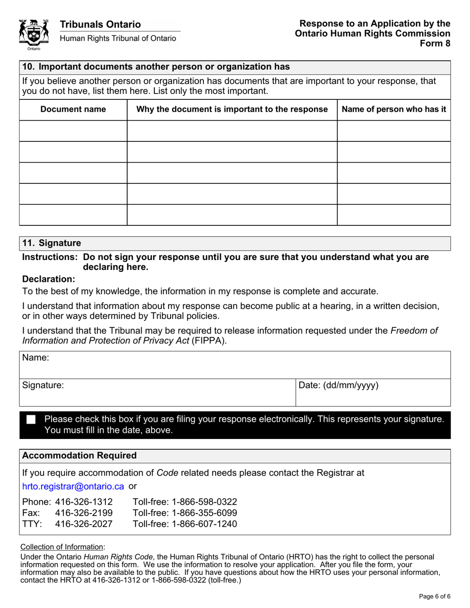 Form 8 (SJT008E) Response to an Application by the Ontario Human Rights Commission - Ontario, Canada, Page 6