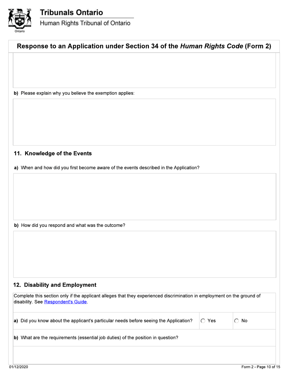 Form 2 Response to an Application Under Section 34 of the Human Rights Code - Ontario, Canada, Page 10