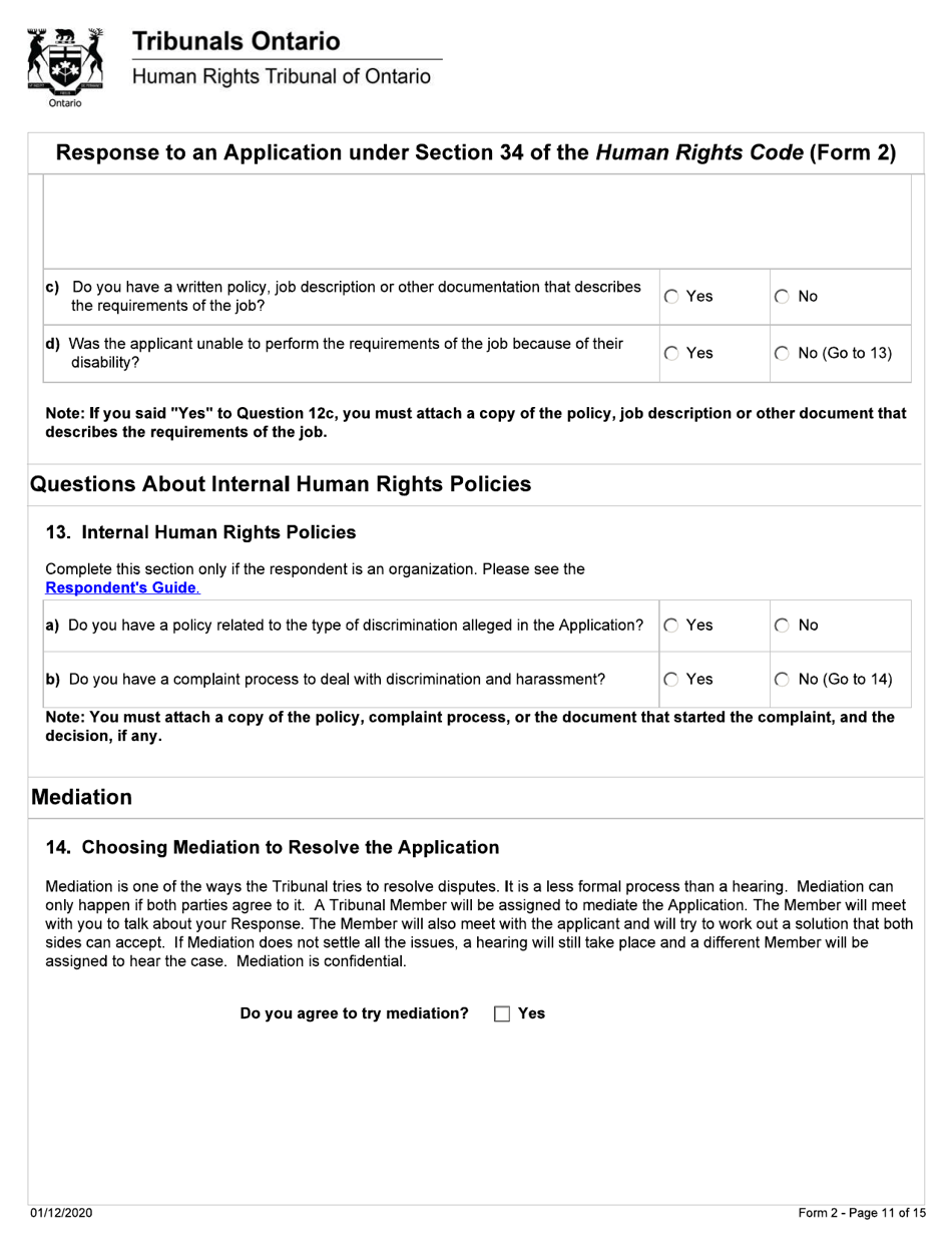 Form 2 Response to an Application Under Section 34 of the Human Rights Code - Ontario, Canada, Page 11